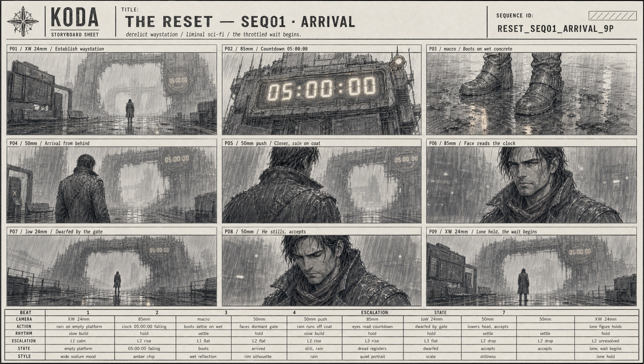 Sequence one storyboard sheet, Arrival