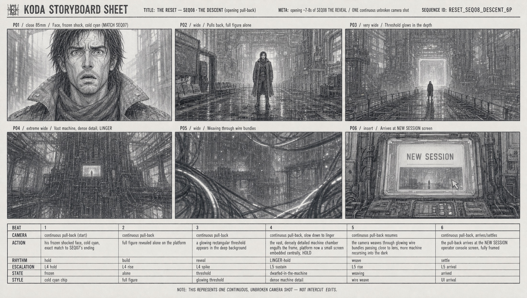 Sequence eight storyboard sheet, The Descent