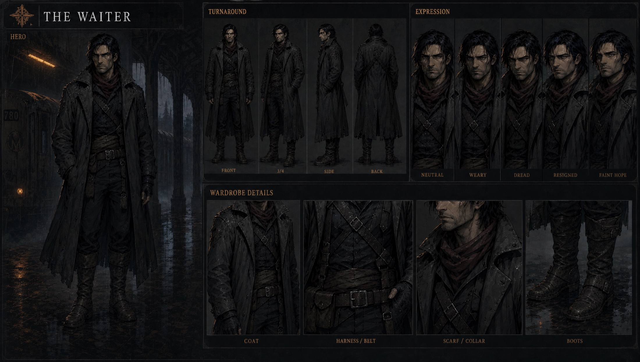 The Waiter character sheet: hero pose, turnaround, expression range and wardrobe details